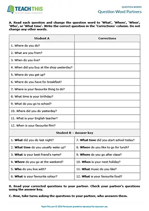 ESL Questions Words Activity preview, Elementary A1-A2, error correction, asking and answering questions from prompts