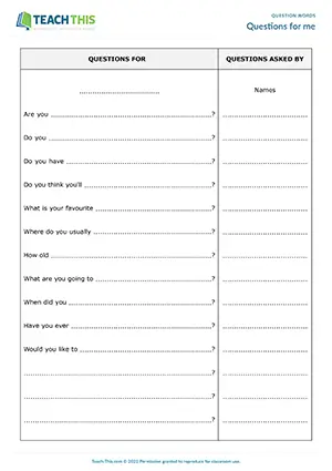 Pre-intermediate A2 group activity writing, answering, and exchanging question word questions as an icebreaker