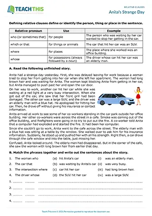 Upper-intermediate B2 worksheet for story-based practice with defining relative clauses and group discussion