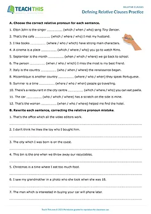Intermediate B1 worksheet for defining relative clauses practice: gap-fill, multiple choice and error correction