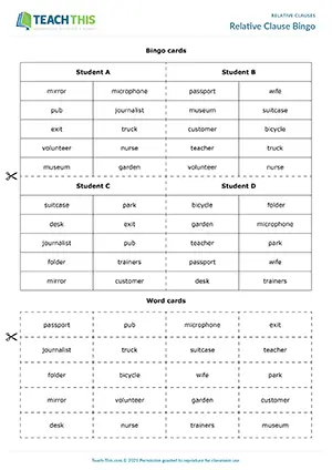 Intermediate B1 group bingo game for describing people, places and things with defining relative clauses