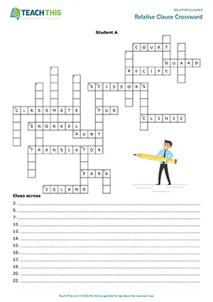 Upper-intermediate B2 crossword activity for describing and guessing words using defining relative clauses