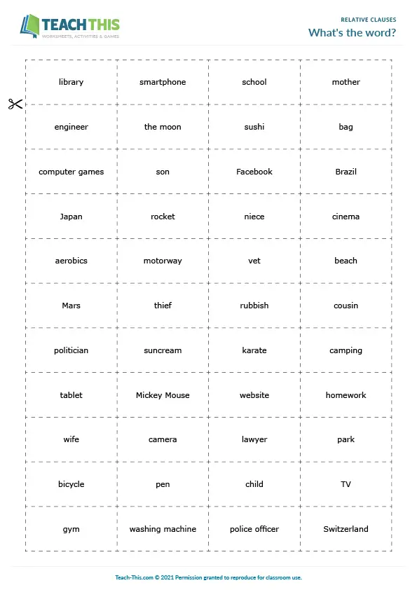 Intermediate B1 game using defining relative clauses to describe and guess words in a group