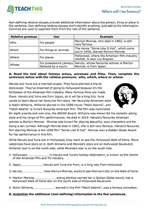 Upper-intermediate B2 worksheet for non-defining relative clauses with reading, gap-fill and writing about celebrities