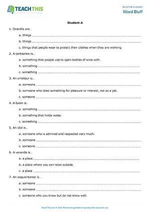 Upper-intermediate B2 group and pair game for inventing and guessing fake and real definitions with defining relative clauses