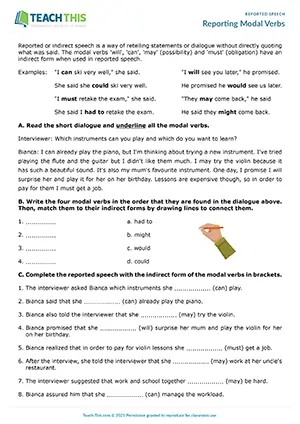 ESL Reporting Modal Verbs Worksheet preview, Intermediate B1, identifying, matching, gap-fill, rewriting sentences, writing a paragraph