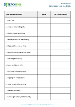 ESL Reported Speech Activities preview, Intermediate B1, speaking, asking and answering questions, forming sentences, guessing, group work