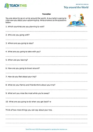 ESL Reported Speech Activity preview, Intermediate B1, writing questions and answers, role-play, interview, writing a short article, group and pair work
