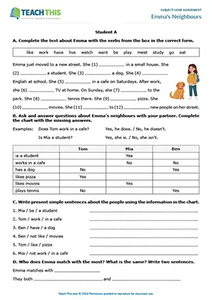 ESL Subject-Verb Agreement Activities preview, Elementary A1-A2, gap-fill, writing sentences, information gap, pair work