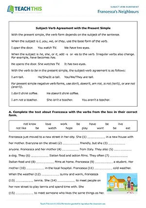 ESL Subject-Verb Agreement Activities preview, Elementary A1-A2, gap-fill, writing sentences, information gap, pair work