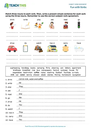 ESL Subject-Verb Agreement Worksheet preview, Elementary A1-A2, matching, writing sentences from prompts