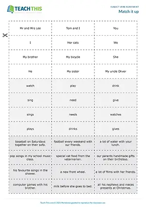 ESL Subject-Verb Agreement Game preview, Pre-intermediate A2, matching, pair work