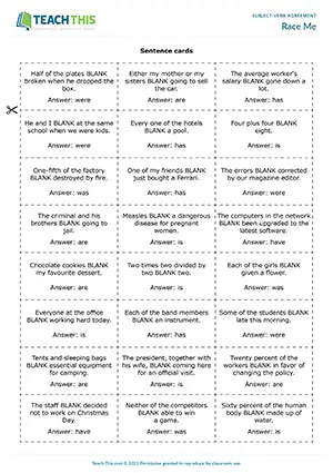 ESL Subject-Verb Agreement Game preview, Intermediate B1, matching, listening, group work