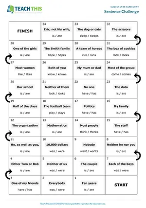 ESL Subject-Verb Agreement Board Game preview, Intermediate B1, forming sentences from prompts, group work