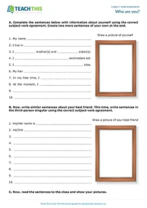 ESL Subject-Verb Agreement Worksheet preview, Elementary A1-A2, gap-fill, drawing, writing sentences from prompts