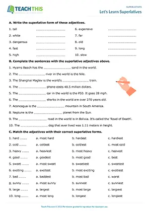 ESL superlative adjectives worksheet preview: students form, match, and correct superlative sentences at Pre-intermediate A2.