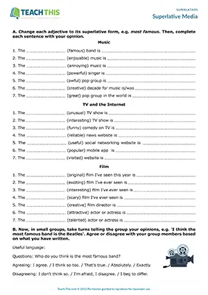 ESL superlative adjectives media opinion activity: students complete and discuss superlative sentences at Intermediate B1.