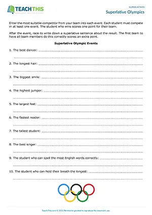 ESL superlatives class competition game: students take part in events and write superlative sentences at Pre-intermediate A2.