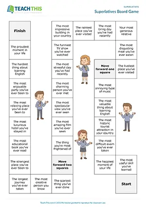 ESL superlatives board game preview: students practice superlative sentence structure and impromptu speech at Intermediate B1.