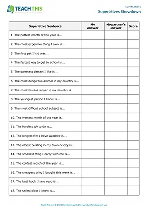ESL superlatives guessing game: students guess how a partner completes superlative sentences at Elementary A1-A2.