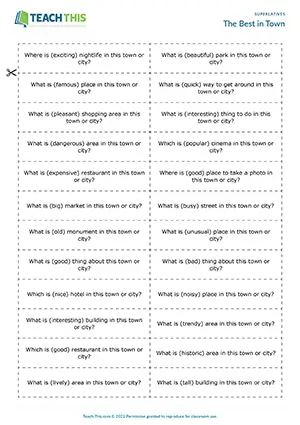 ESL superlative questions activity preview: students ask and answer about the best things in their town at Intermediate B1.