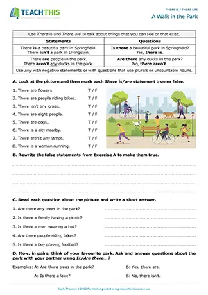 ESL There Is Are Worksheet preview, Elementary A1-A2, true or false, writing sentences and short answers, freer practice, pair work