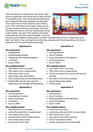 ESL There is There are Worksheet preview, Pre-intermediate A2, short answer questions, identifying, error correction, writing sentences from prompts