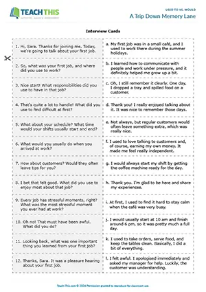 ESL used to vs. would activity for intermediate B1: matching, ordering, gap-fill, asking and answering questions, controlled and freer practice, pair work