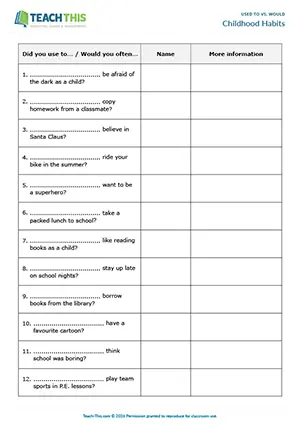 ESL used to vs. would activity for intermediate B1: asking and answering questions from prompts, controlled and freer practice, group work
