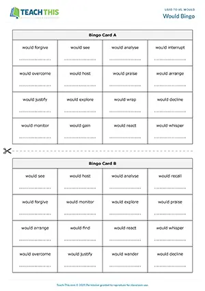 ESL Used To vs. Would Game preview, Upper-intermediate B2, bingo, identifying, labelling, group work