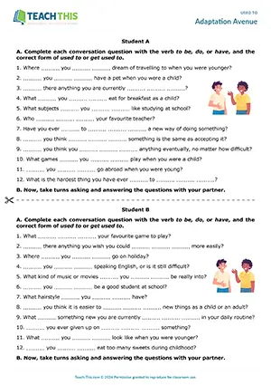 ESL Used to Activity preview, Intermediate B1, forming, asking and answering questions from prompts, controlled and freer practice, group and pair work