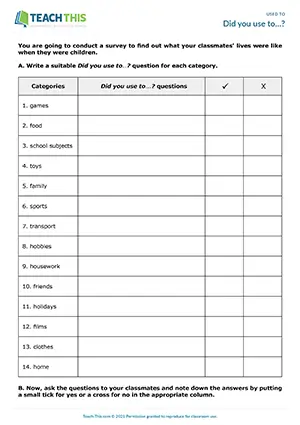 ESL Used to Activity preview, Intermediate B1, survey, writing, asking and answering questions, freer practice