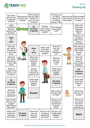 ESL Used to Board Game preview, Intermediate B1, answering questions, guided discussions, communicative practice, group work