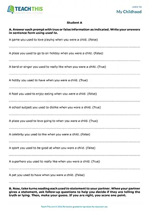 ESL Used to Game preview, Intermediate B1, writing sentences, true or false, asking and answering questions, guessing, group and pair work