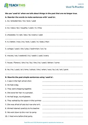 ESL Used To Worksheet preview, Intermediate B1, unscrambling, rewriting sentences, gap-fill, writing questions from prompts, pair work