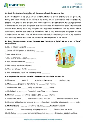 ESL Verb to be Worksheet preview, Elementary A1-A2, reading and grammar exercises, identifying, true or false, gap-fill, error correction, writing sentences from prompts
