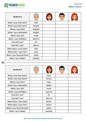 ESL Verb to be Activity preview, Elementary A1-A2, information gap, asking and answering questions from prompts, group work