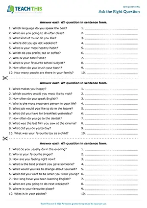 ESL Wh Questions Game preview, Pre-intermediate A2, writing sentences, guessing, forming questions from prompts, group work
