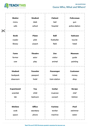 ESL Wh Questions Game preview, Elementary A1-A2, asking and answering from prompts, guessing, pair work