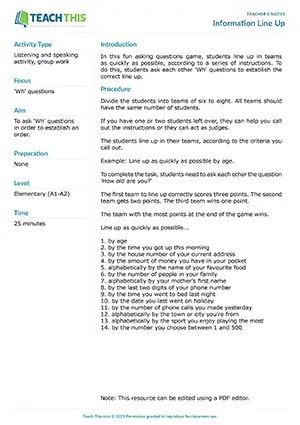 ESL Wh Questions Game preview, Pre-intermediate A2, asking and answering questions, group work