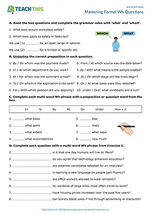 ESL Wh Questions Worksheet preview, Upper-intermediate B2, gap-fill. binary choice, rewriting sentences, writing questions, asking and answering questions, freer practice, pair work