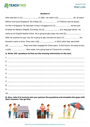 ESL Wh Questions Activity preview, Pre-intermediate A2, information gap, forming, asking and answering questions, group and pair work