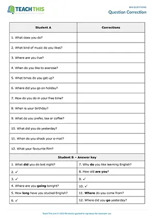 ESL Wh Questions Activity preview, Elementary A1-A2, error correction, asking and answering questions from prompts