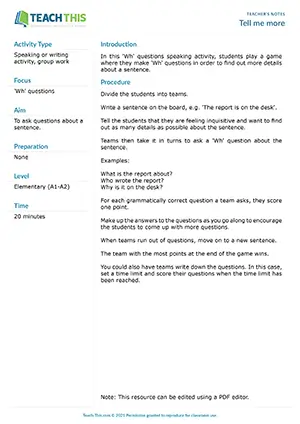 ESL Wh Questions Game preview, Elementary A1-A2, asking questions from prompts, group work