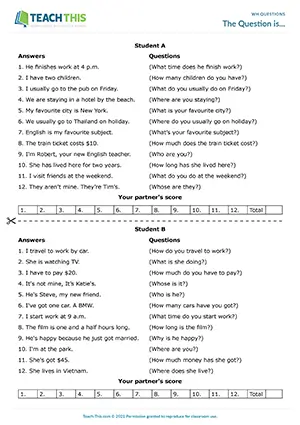 ESL Guess the Question Game preview, Pre-intermediate A2, guessing, forming questions, pair work