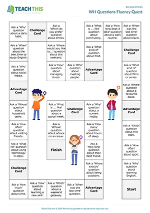 ESL Wh Questions Game preview, Intermediate B1, asking and answering questions, impromptu speech, freer practice group work