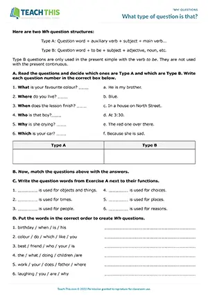 ESL Wh Questions Worksheet preview, Elementary A1-A2, categorising, matching, unscrambling, writing questions, error correction, pair work