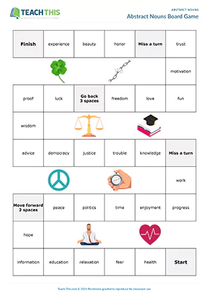 ESL Abstract Nouns Board Game preview, Upper-intermediate B2, forming sentences from prompts, group work