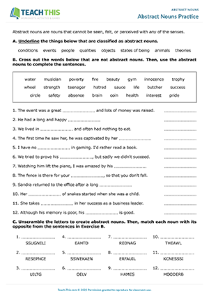 ESL Abstract Nouns Worksheet preview, Upper-intermediate B2, identifying, gap-fill, unscrambling, matching, binary choice