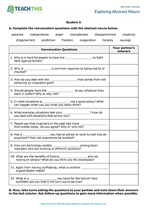 ESL Abstract Nouns Activity preview, Upper-intermediate B2, completing, asking and answering questions, group and pair work